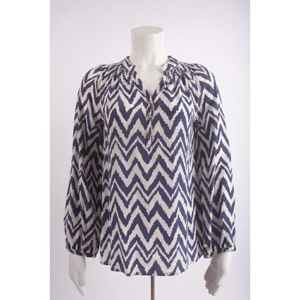 Lilly Pulitzer Womans Elsa Blouse Shirt Top XS Blue White Chevron Tunic 100 Silk